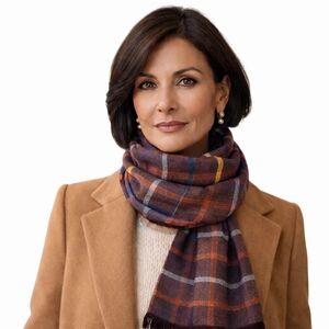 Chelsey by Joseph 100% Wool Burgundy Yellow Blue Plaid Fringed Scarf